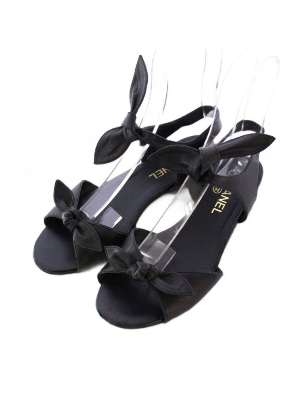 Chanel Strap Sandals Ankle Round Toe Heels Leather Ribbon One Color CC Logo